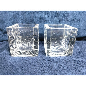 (2) Gold Canyon Heavy Blooming Crystal Clear Glass Blocks/ Cubes Votive Holders
